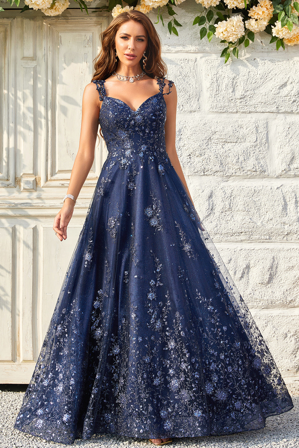 A-Linie schulterfreies marineblaues langes Ballkleid mit Applikationen