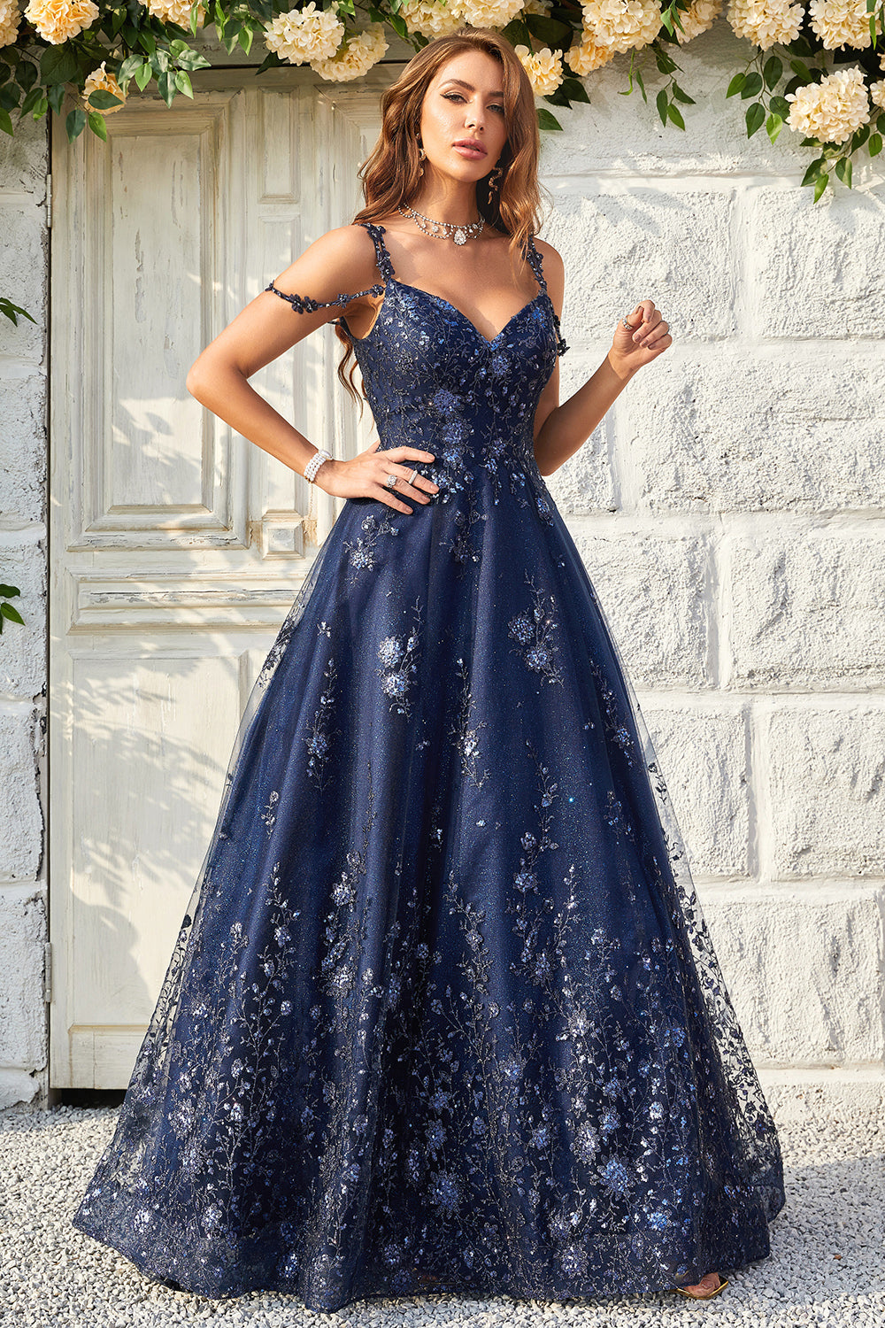 A-Linie schulterfreies marineblaues langes Ballkleid mit Applikationen