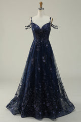 A-Linie schulterfreies marineblaues langes Ballkleid mit Applikationen