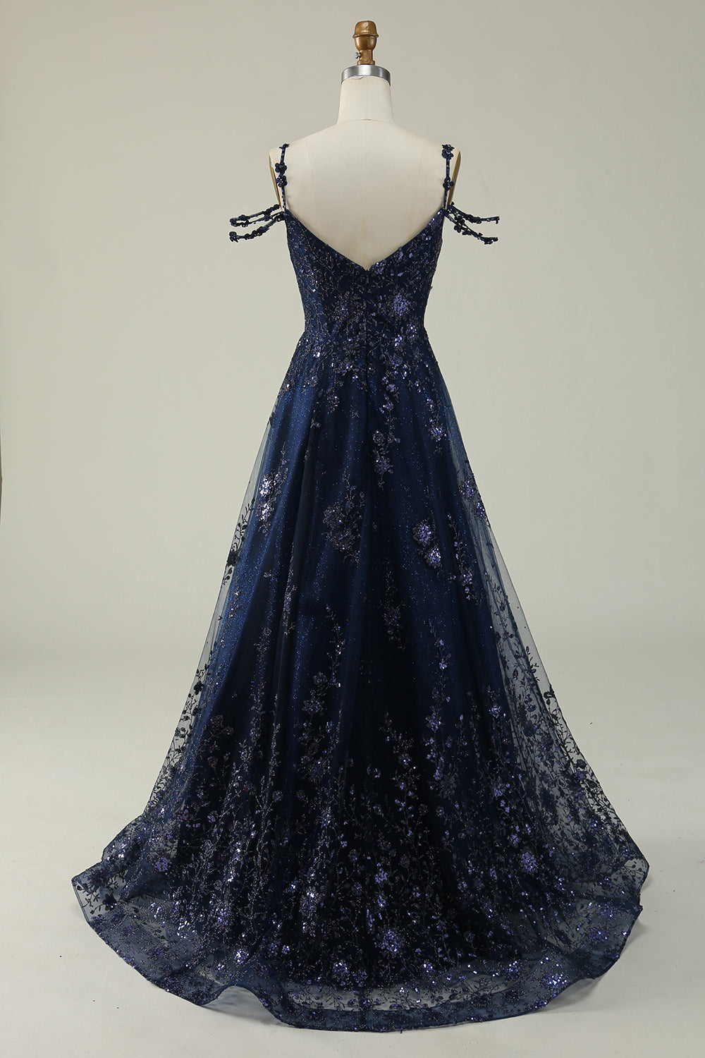 A-Linie schulterfreies marineblaues langes Ballkleid mit Applikationen