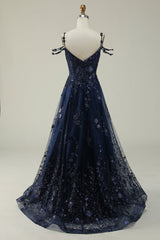A-Linie schulterfreies marineblaues langes Ballkleid mit Applikationen