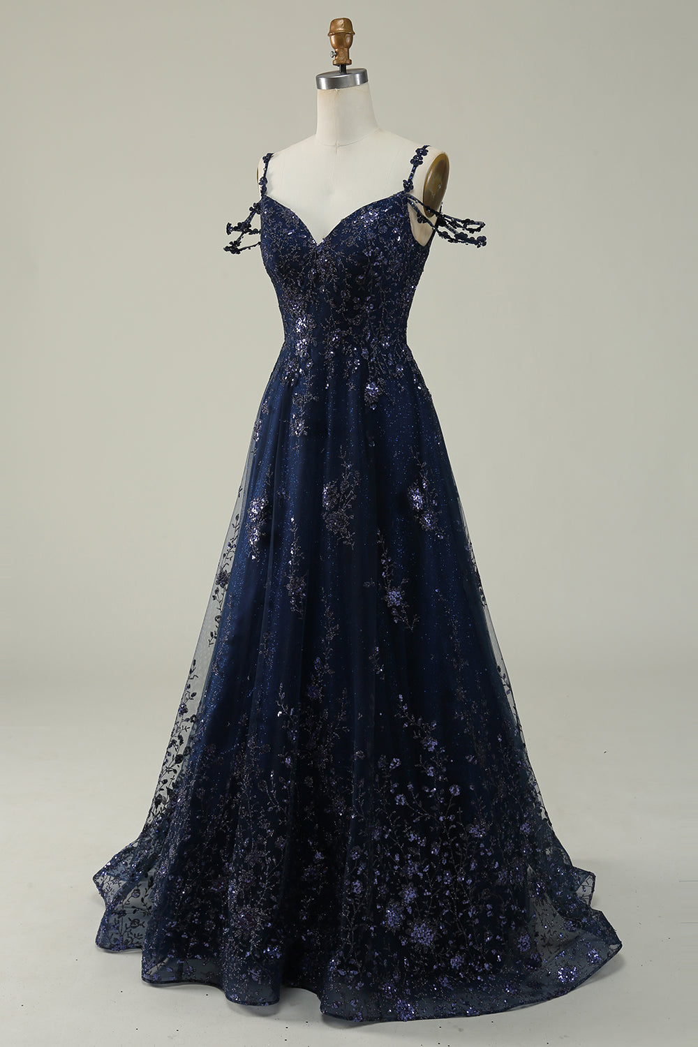 Marineblaues A-Linie Langes Ballkleid mit kalter Schulter