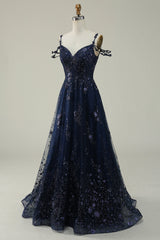 Marineblaues A-Linie Langes Ballkleid mit kalter Schulter