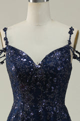 Marineblaues A-Linie Langes Ballkleid mit kalter Schulter