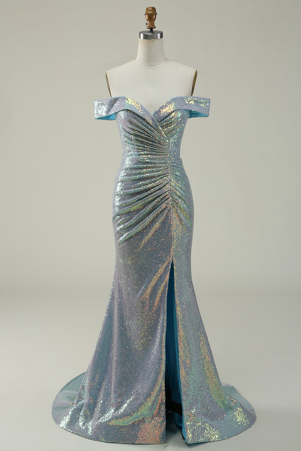 Meerjungfrau Blaues funkelndes schulterfreies Ballkleid mit Schlitz