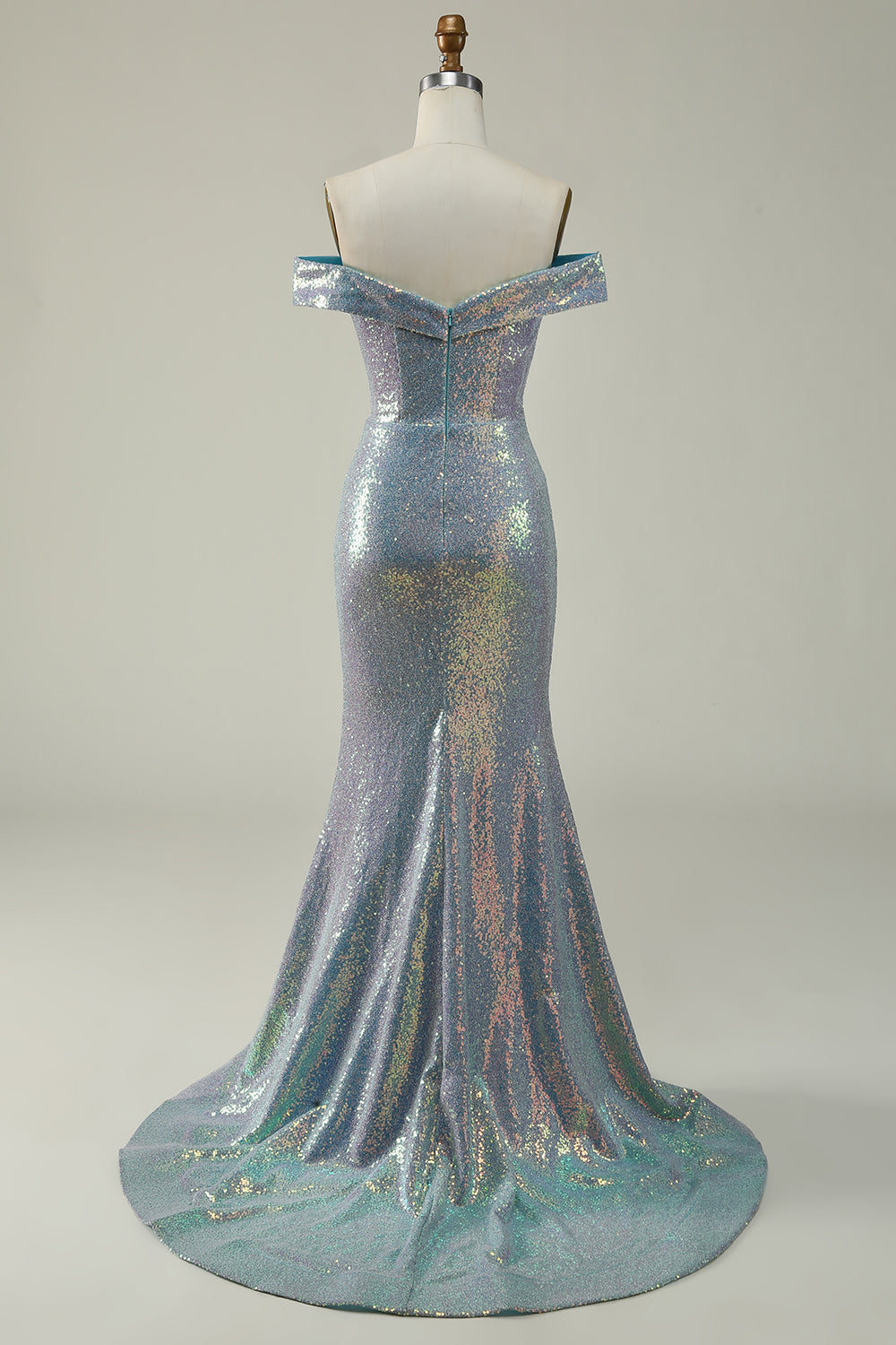 Meerjungfrau Blaues funkelndes schulterfreies Ballkleid mit Schlitz