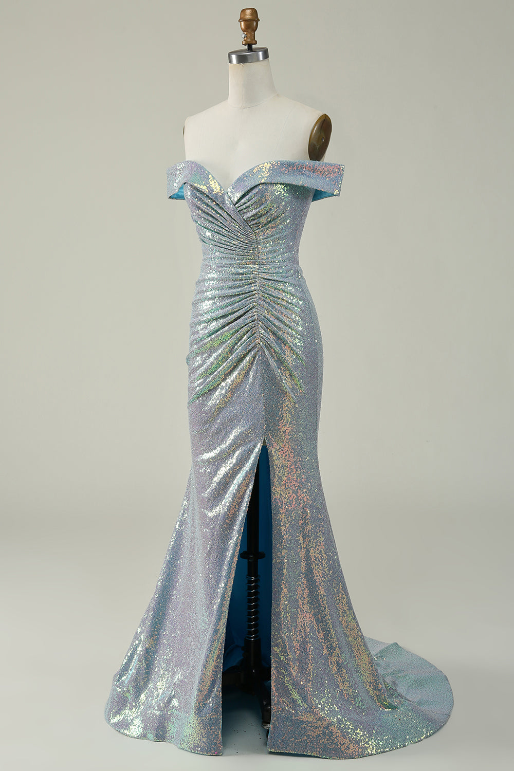 Meerjungfrau Blaues funkelndes schulterfreies Ballkleid mit Schlitz