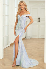 Meerjungfrau schulterfreies blaues Paillette Ballkleid mit Schlitz