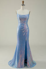 Blaues Pailletten Spaghettiträger Meerjungfrauen Ballkleid