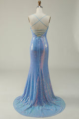Blaues Pailletten Spaghettiträger Meerjungfrauen Ballkleid
