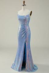 Blaues Pailletten Spaghettiträger Meerjungfrauen Ballkleid