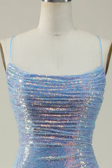 Blaues Pailletten Spaghettiträger Meerjungfrauen Ballkleid
