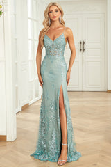 Zapaka Damen Grünes Langes Meerjungfrau Ballkleid Spaghettiträger Formelles Abendkleid mit Schlitz