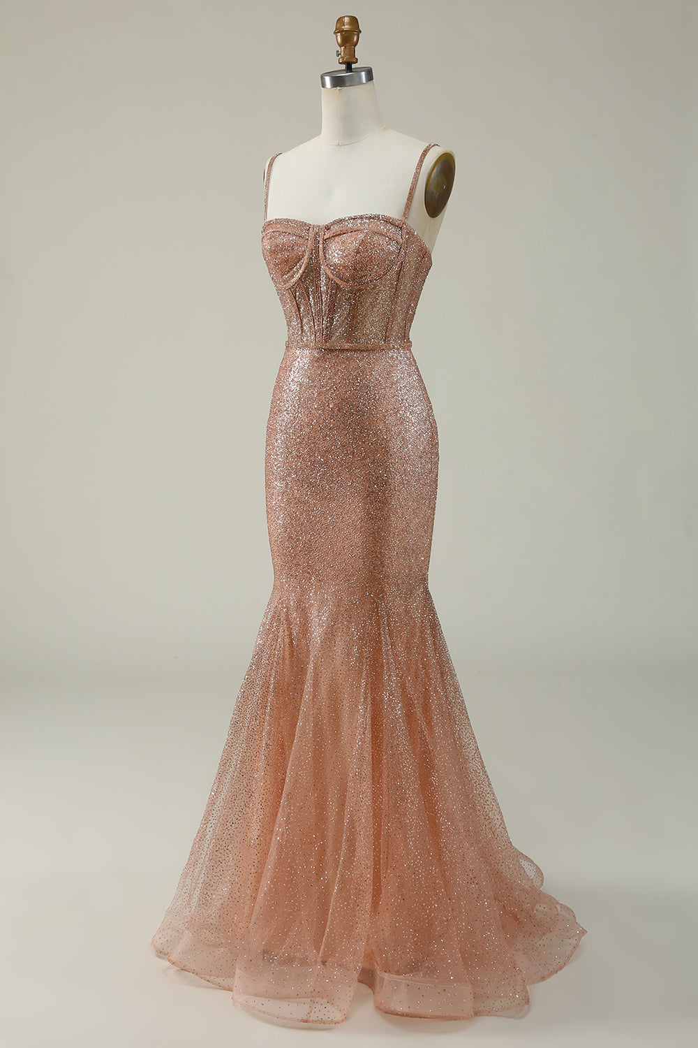 Meerjungfrau Spaghetti Träger Blush Pailletten langes Ballkleid