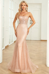 Meerjungfrau Spaghettiträger Blush Pailletten Langes Ballkleid mit Schleppe