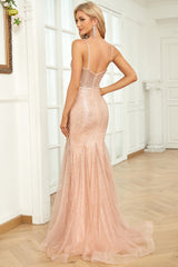 Meerjungfrau Spaghettiträger Blush Pailletten Langes Ballkleid mit Schleppe