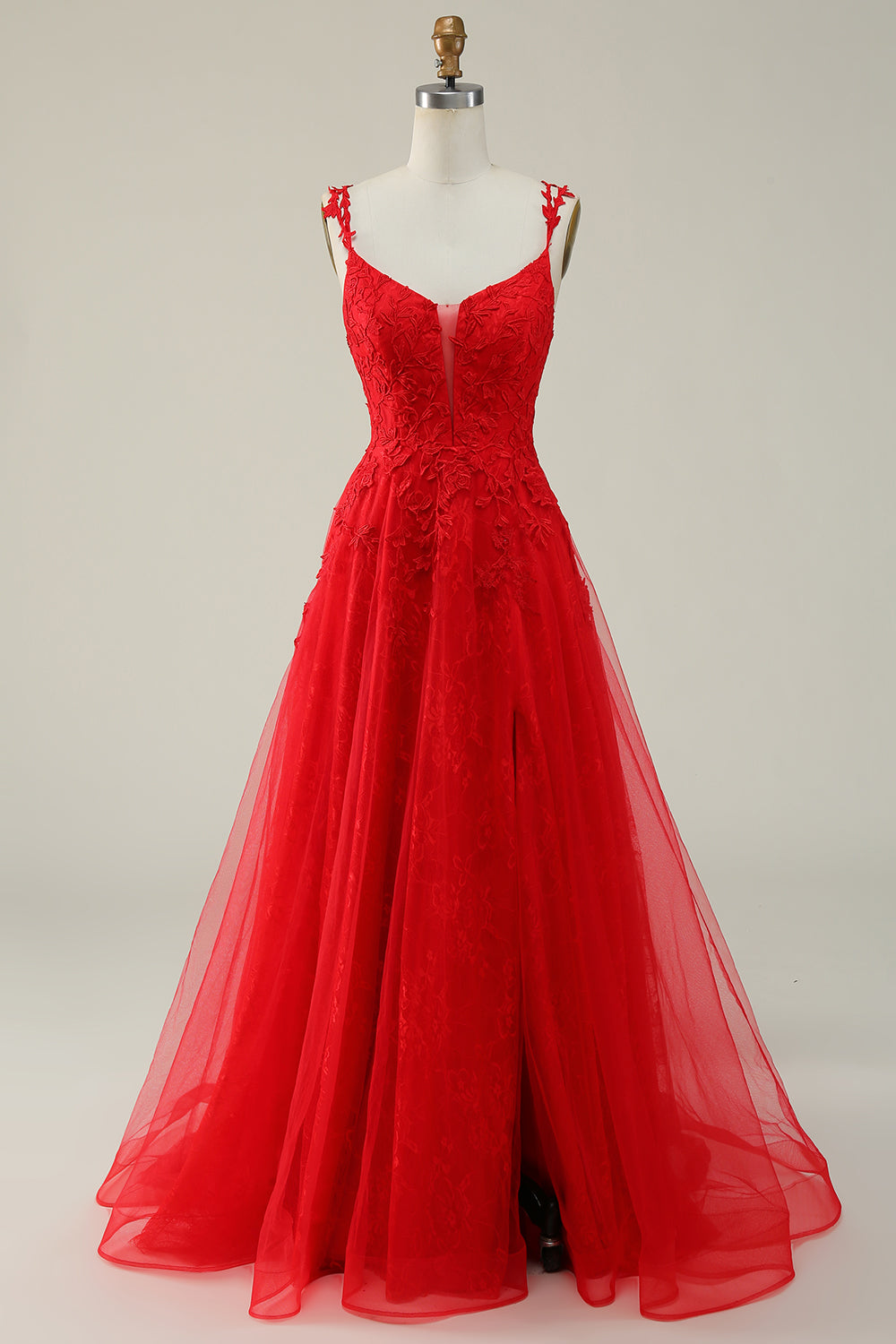 A Linie Spaghettiträger Rotes langes Ballkleid mit Applikationen