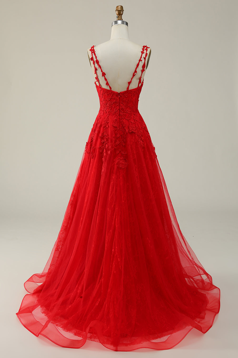 A Linie Spaghettiträger Rotes langes Ballkleid mit Applikationen