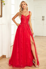 A Linie Spaghettiträger Rotes langes Ballkleid mit Applikationen