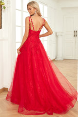 A Linie Spaghettiträger Rotes langes Ballkleid mit Applikationen
