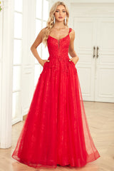 A Linie Spaghettiträger Rotes langes Ballkleid mit Applikationen