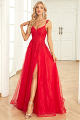 A Linie Spaghettiträger Rotes langes Ballkleid mit Applikationen